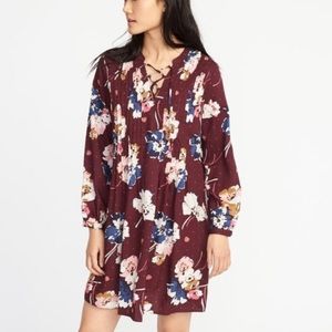 OLD NAVY | Burgundy Floral Swing Dress Lace Up